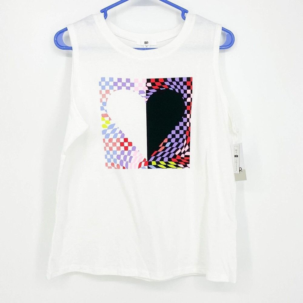 BP. Women's White Muscle Tank Colorful Heart Graphic Size Medium